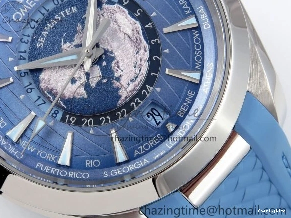 0201 GoAnywhere Aqua Terra GMT Worldtimer 43mm VSF 1:1 Best Edition Summer Blue Dial on Blue Rubber Strap A8938 Super Clone 7722